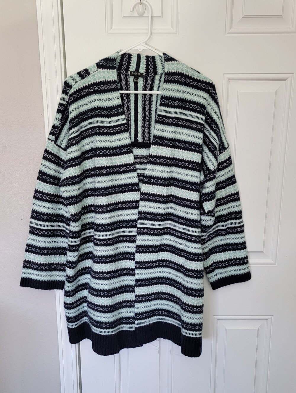 Talbots Open Long Cardigan Women's Size 2XL Black with Mint striped classic Cozy